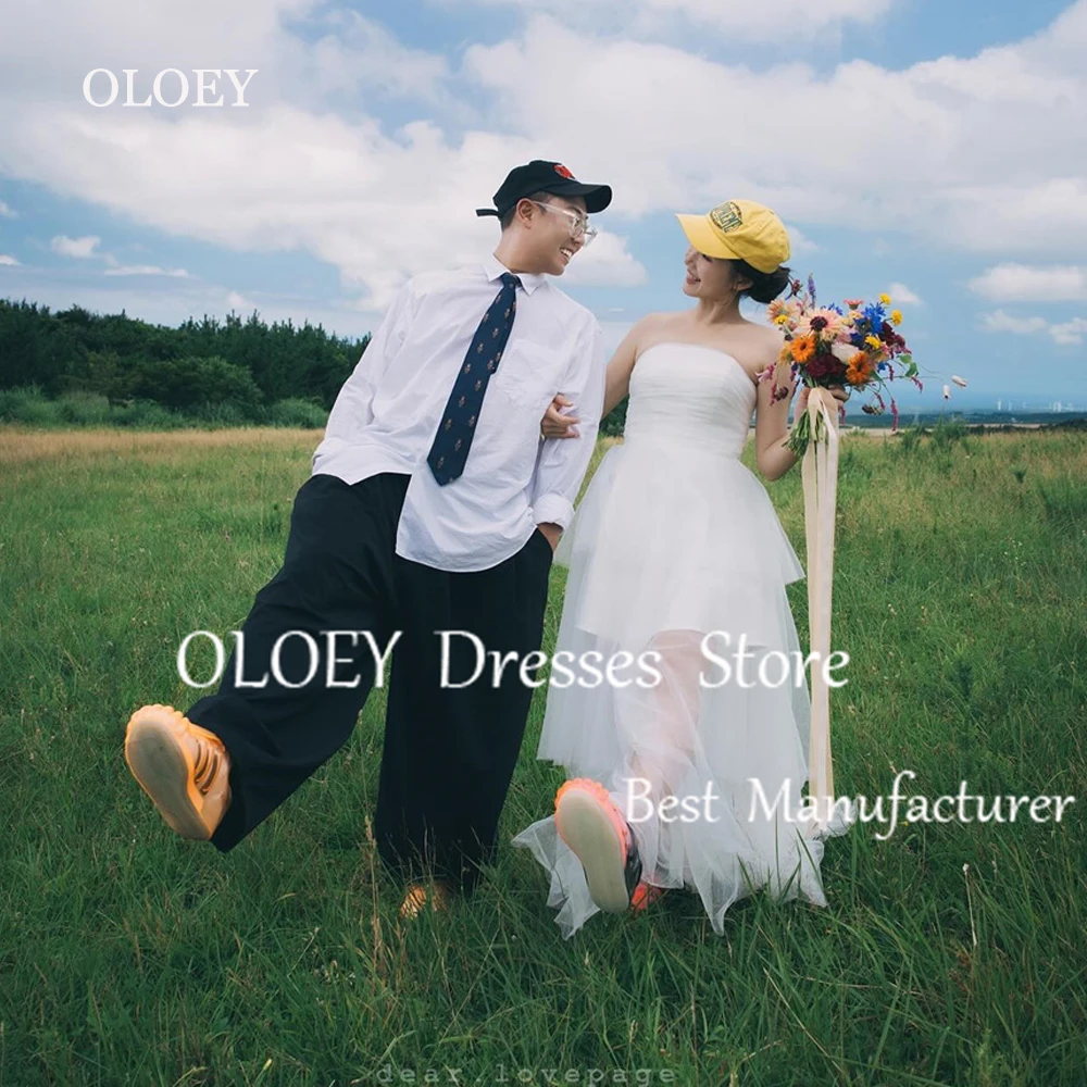 OLOEY 2025 Simple Ivory A Line Wedding Dress Korea Photoshoot Strapless Bridal Gown Pleats Floor Length Tulle Custom Made