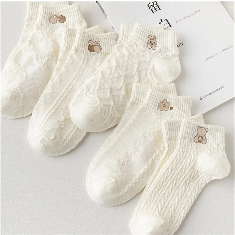 5pairs Women Socks Spring Summer Cute Bear Rabbit Rainbow Print Ankle Socks Casual Short Socks