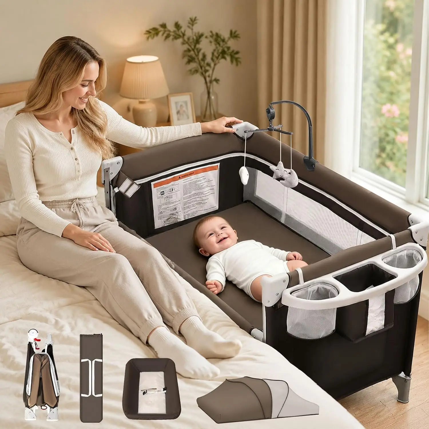 5-in-1 Baby Bassinet Bedside Sleeper, Foldable Pack and Play,One-Push Bedside Crib with Playard, Includes Mattress, Changing Tab