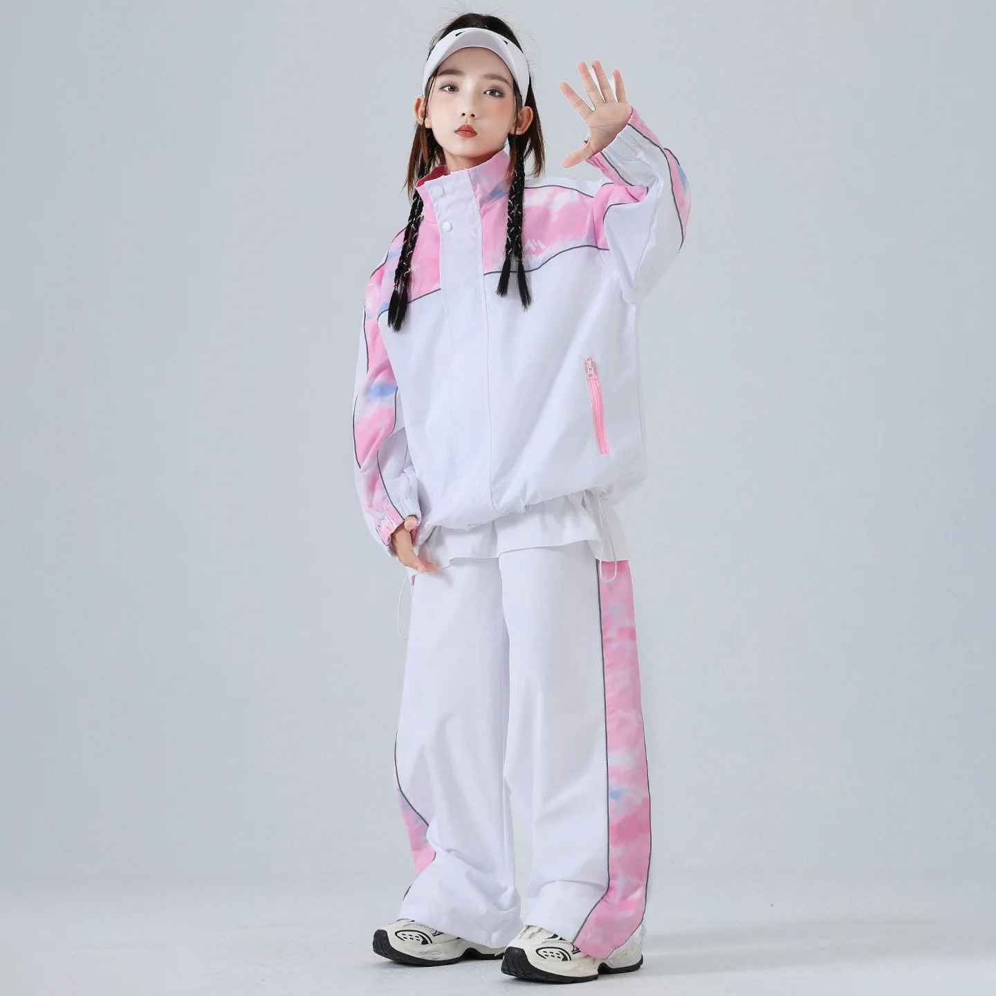 キッズK-POPヒップホップ服 ホワイトピンクプリント ウィンドブレーカージャケット カジュアルワイドパンツ 女の子男の子 ストリートダンスコスチュームセット服