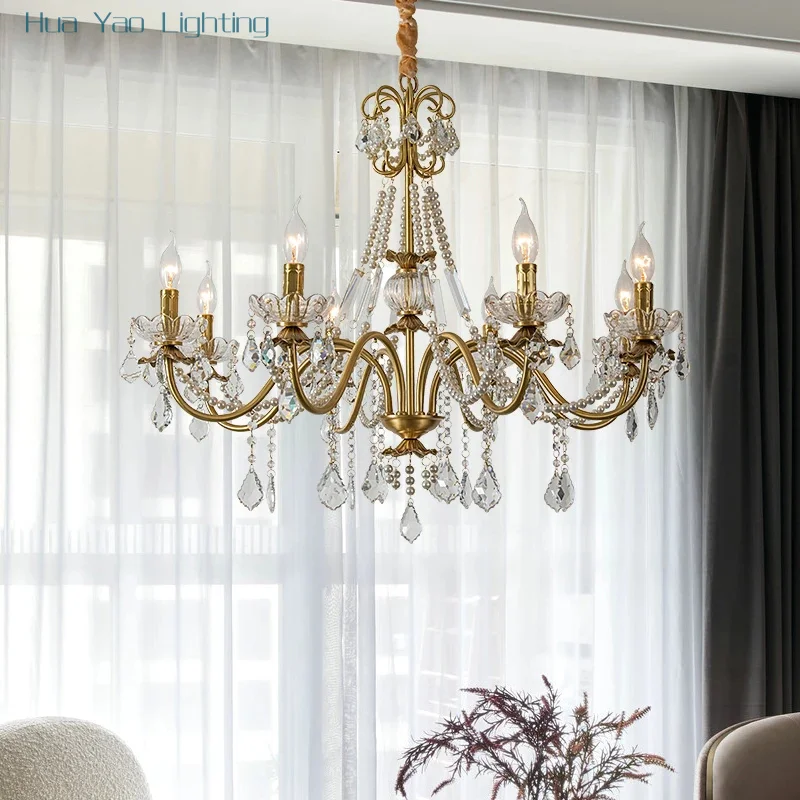 6-light French crystal chandelier living room dining room bedroom pearl chandelier American 8/10 light copper candle chandelier