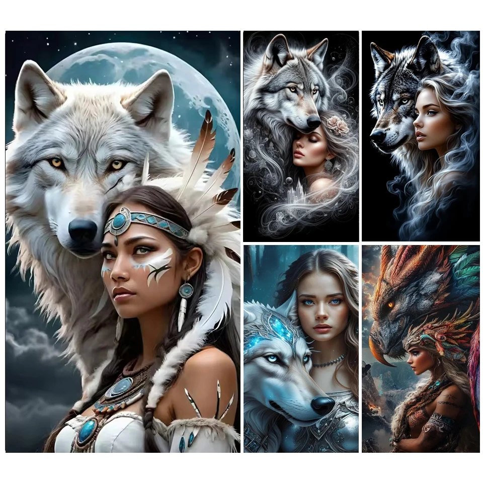 Moon Wolf And Woman Animal Diy Diamond Painting Jewelry Cross Stitch Diamond Art Crystal Mosaic Latest Creative Home Decor Gift