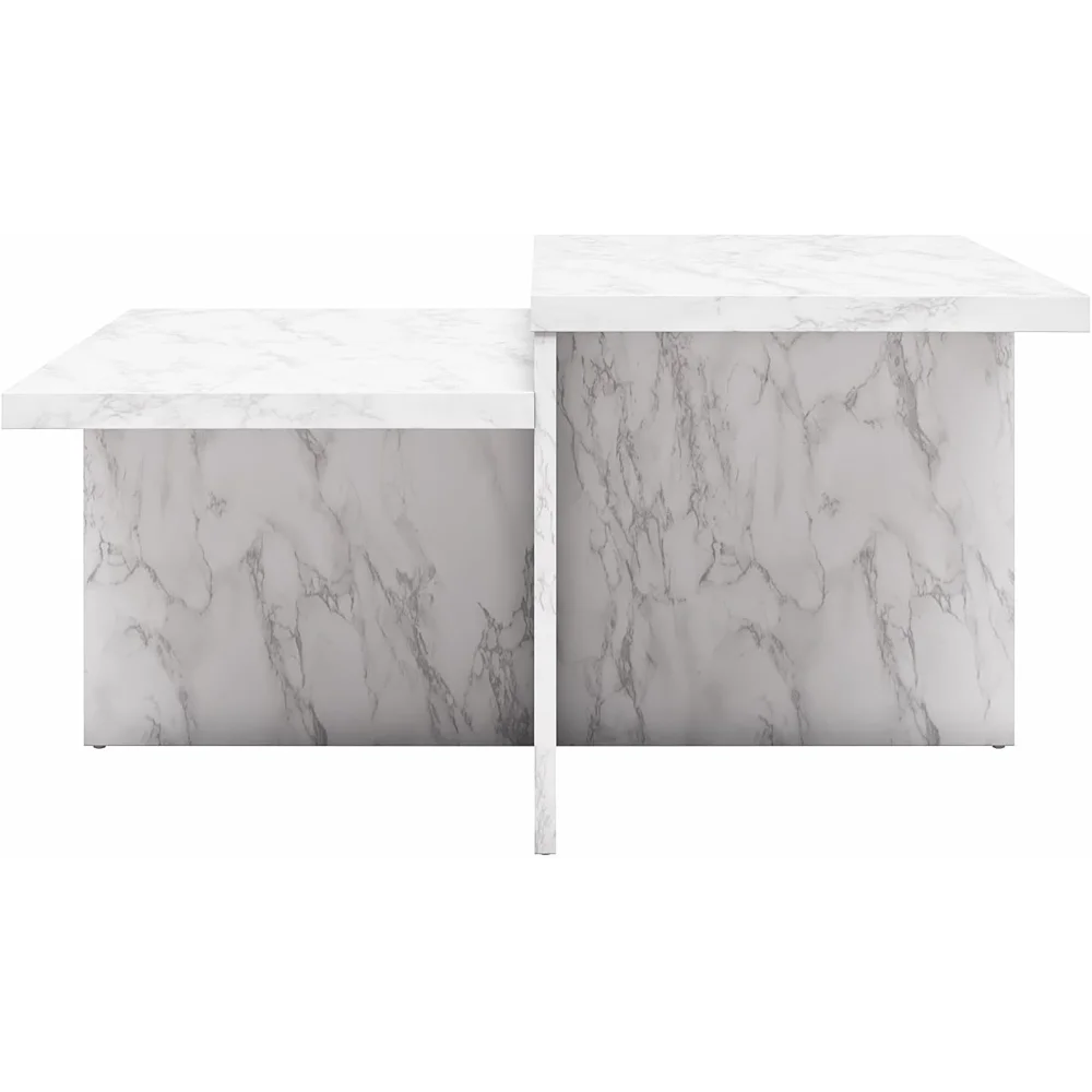 Mesa de centro Brielle de dos niveles, imitación mármol blanco