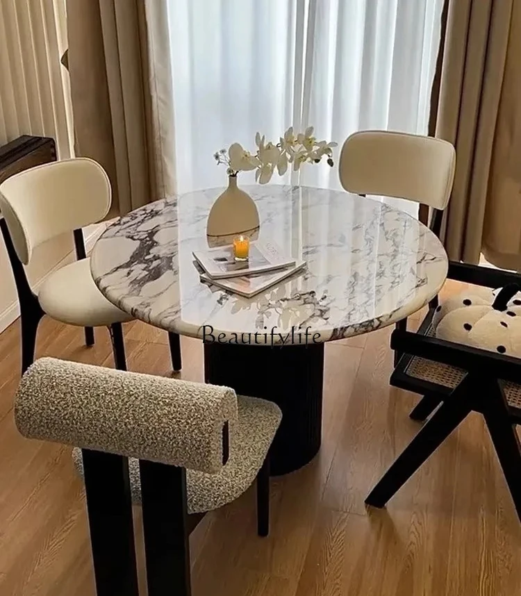 

ls 04 French dining table solid wood small apartment round modern simple retro marble dining table