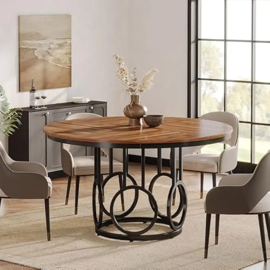 Mesa de jantar redonda para 4-6 pessoas, grande mesa de cozinha, mesa de jantar com base resistente do metal, jantar de madeira, 47 polegadas