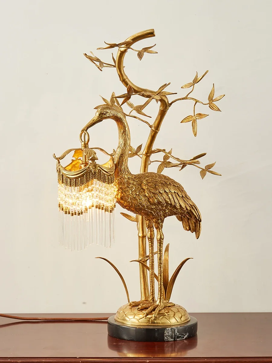 

French all-copper table lamp, crane dewaxing copper table lamp villa retro luxury atmosphere living room study bedroom bedside l