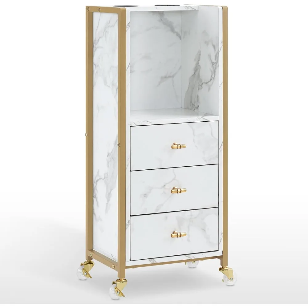 

Стильная тележка на колесиках с держателями для фена и запираемыми колесами для парикмахерских предметов первой необходимости