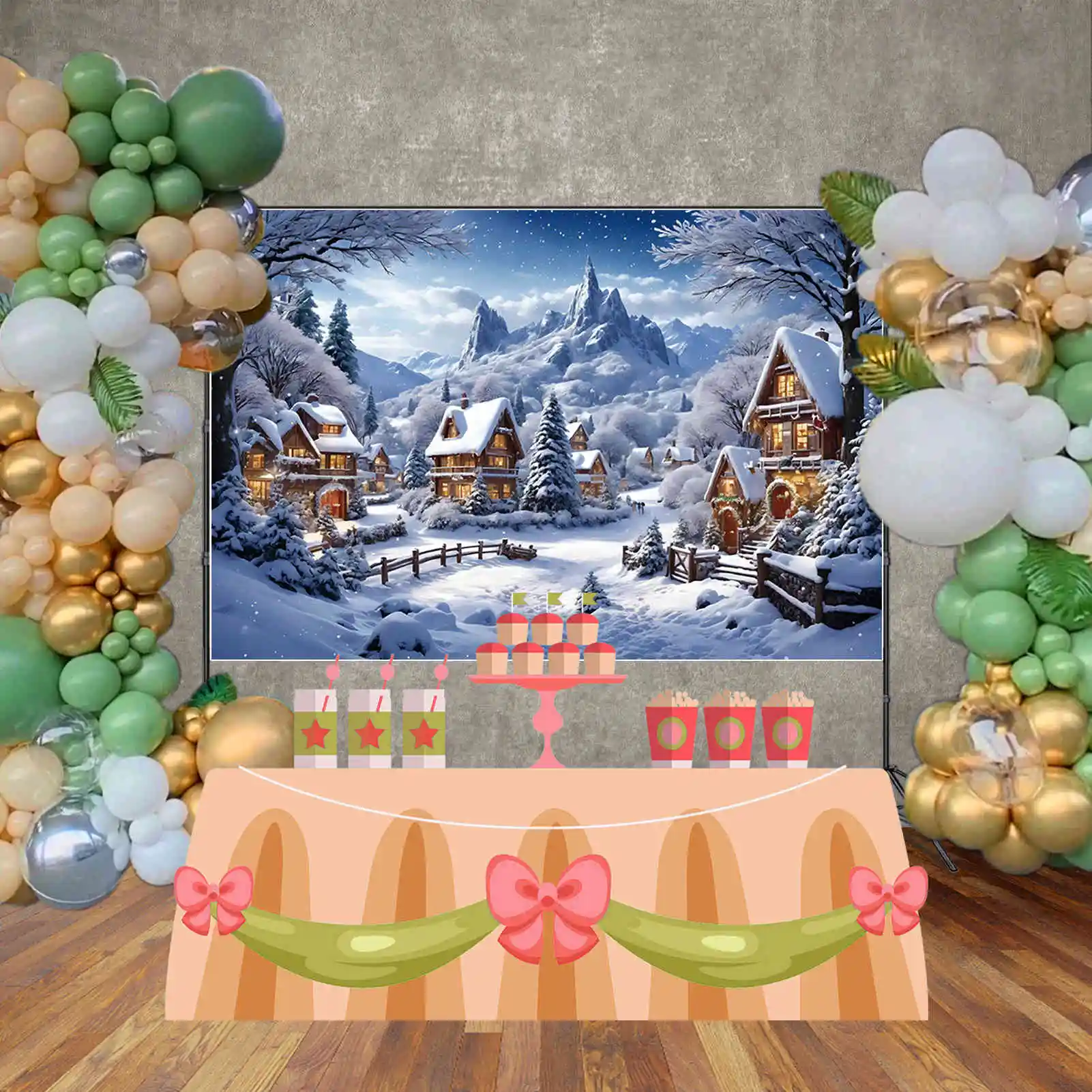 Sfondo fotografico di Natale Villaggio di Natale Palline di albero Regali Sfondo 2025 Capodanno Inverno Casa Photo Studio Back Drop