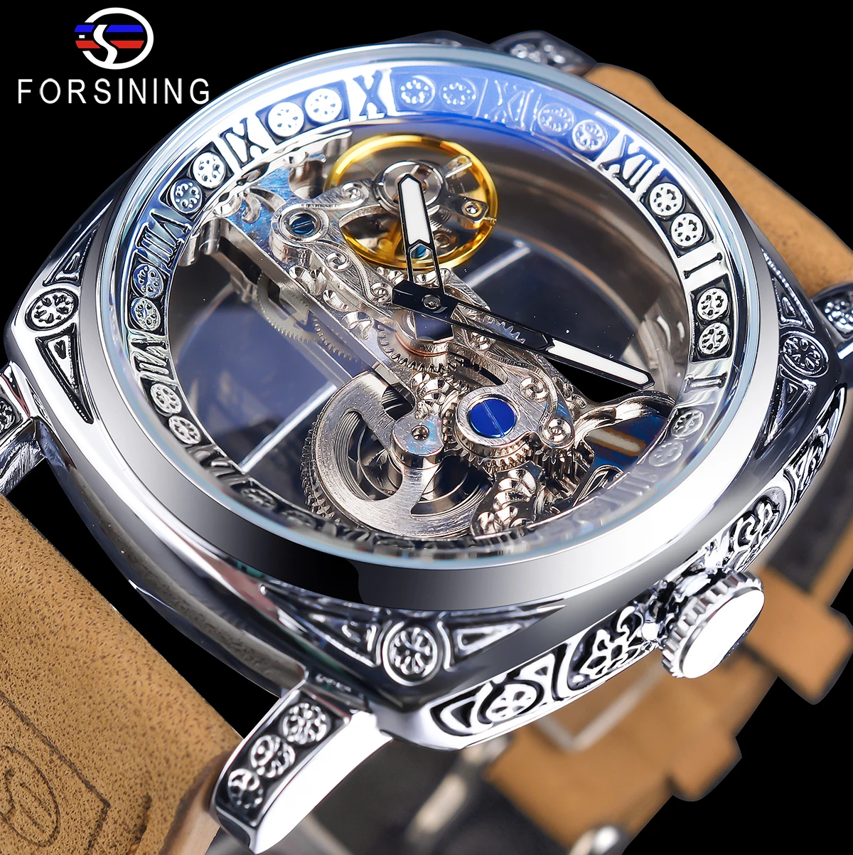 Forsining Transparent Hollow Luxury Automatic Gear Movement Men Mechanical Watch Leather Strap Self-Winding Top Brand Male Clock