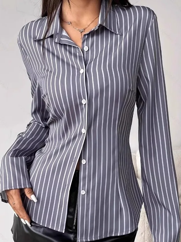 Femmes coupe ajustée rayé boutonné irt décontracté Sle Long Sve haut Faionable Ele chinois Brandl vêtements