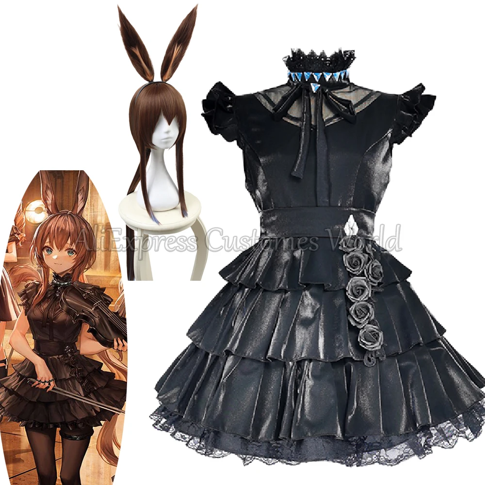 Game Arknights Amiya Cosplay Costume Wig Bunny Ears Ambience Synesthesia Amiya Black Dress Halloween Party Carnival For Women