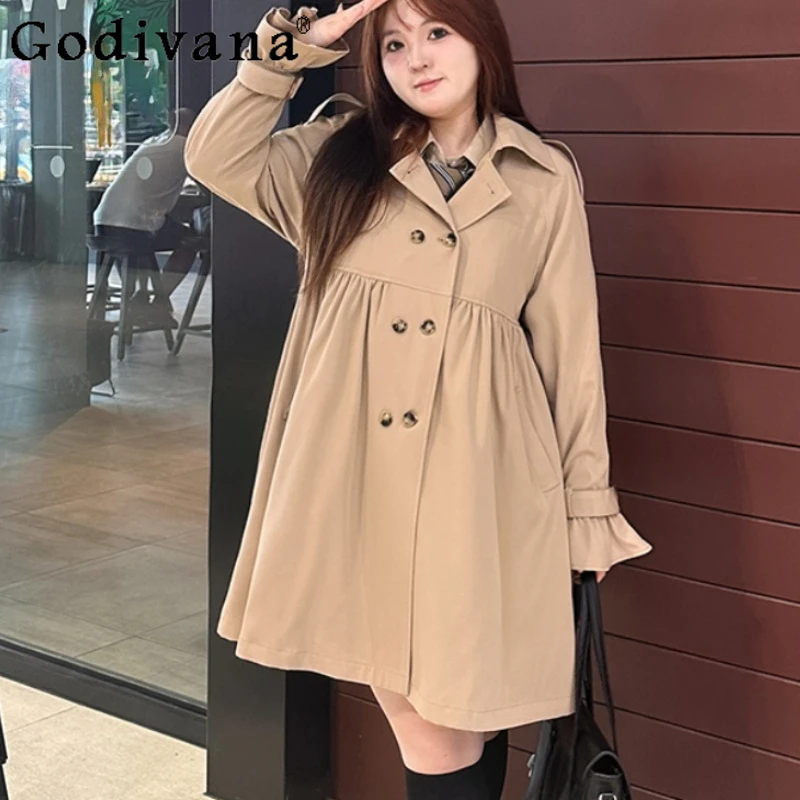 

Spring Autumn Korean Large Size JK Khaki Medium Long Trench Coat Sweet Women Loose Versatile Double-breasted Age-reducing Coats