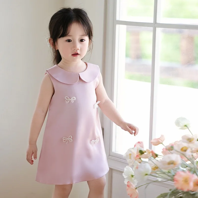 2026 Baby Children First Birthday Dress New Kids Pink A Line Simple Fashion Gown Kids Ruffled Collar Little Pageant Costume