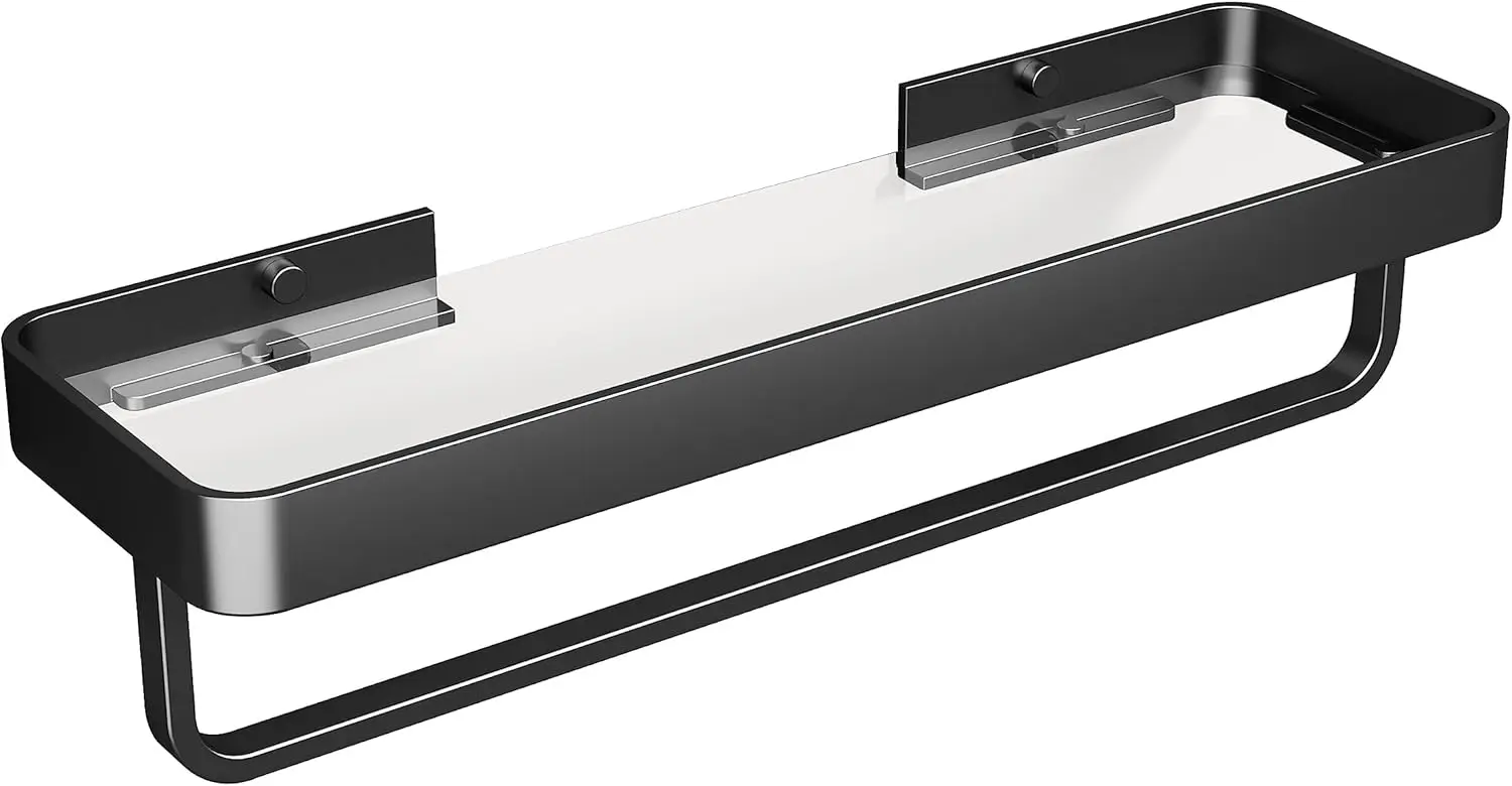 

16 Inch Clear Tempered Glass Bathroom Shelf with Towel Bar, Matte Silver Storage Organizer