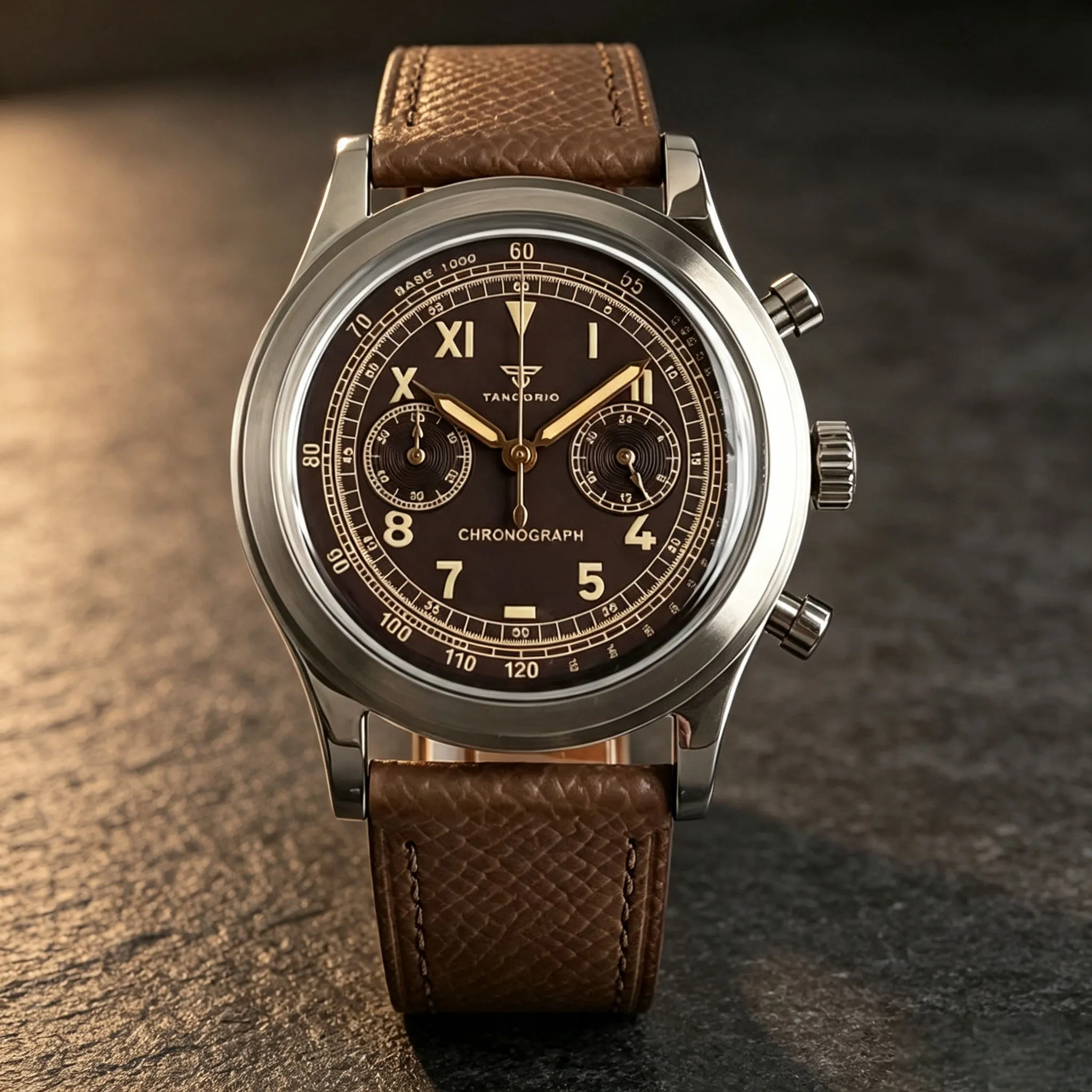 Tandorio 38mm Quartz Watches for Men Deep Coffee Face Silver Case MIYOTA OS21 Multi-function Chronograph Retro Watch Luminous