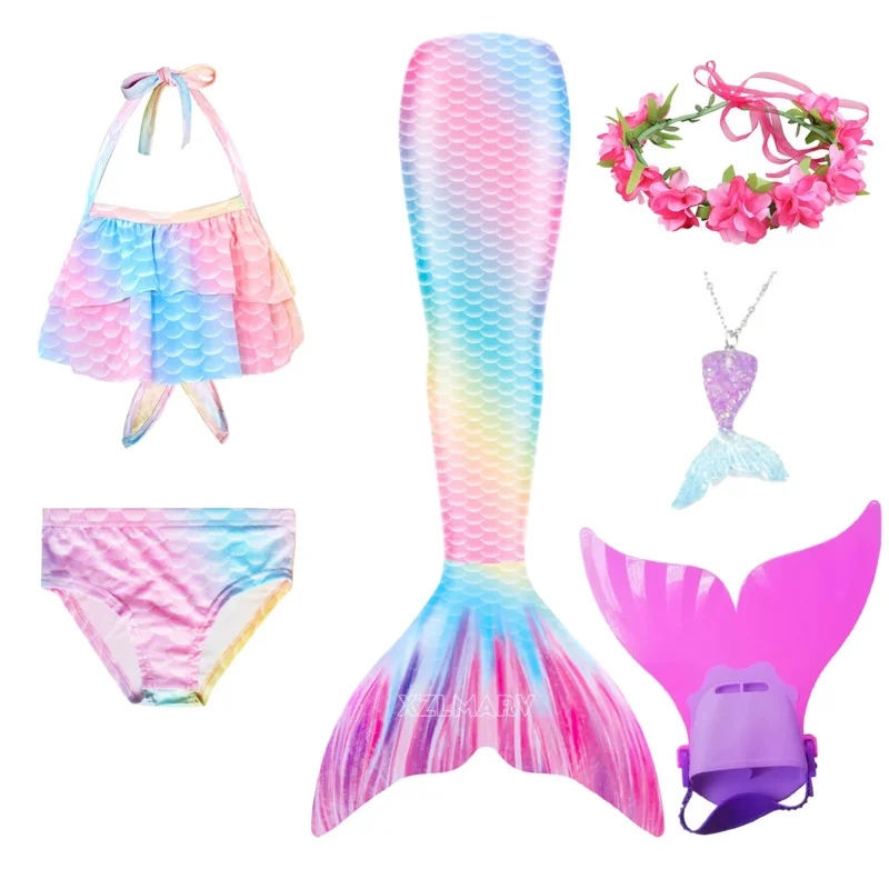 Girls swimmable mermaid tail costume cosplay swimsuit Halloween dress set with fin kids monofin for swimming clothes red bikini