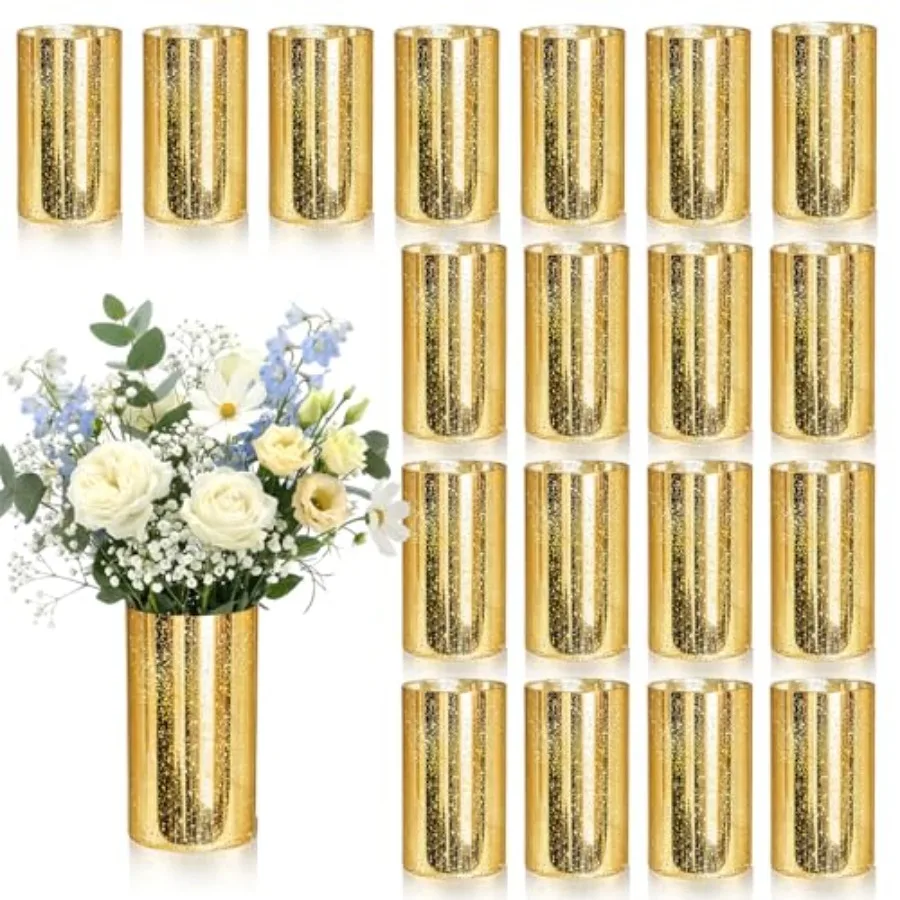 

20 Pcs Gold Cylinder Vases for Centerpieces Mercury Vase Hurricane Vase Bulk Acrylic Round Wide Container for Flowers Home Offi