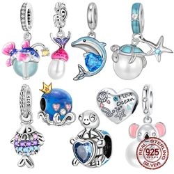 925 Sterling Silver ocean Luminous fish Mermaid pearl Charms Beads Pendant Fit 4MM hole diameter Bracelet Jewelry Woman DIY Gift
