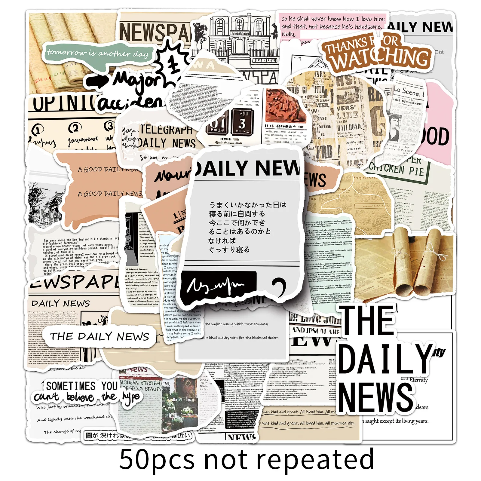 

10/50PCS Retro Newspaper Handbook Text Slogan DIY Decorative Suitcase Mobile Case Laptop iPad Waterproof Sticker Kids Toy