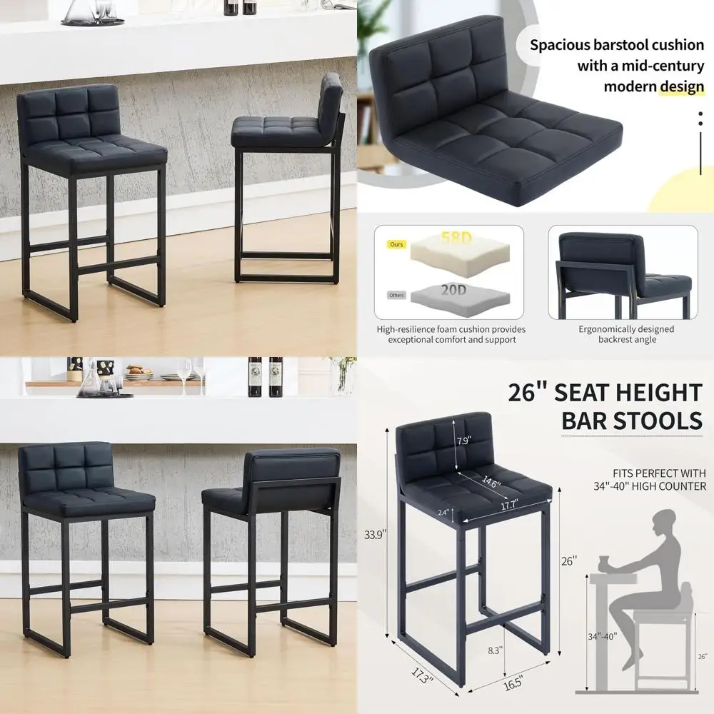 مجموعة من مقعدين بارين من الجلد الصناعي الحديث، وكراسي منجدة منخفضة الظهر مع مسند للقدمين للمطبخ