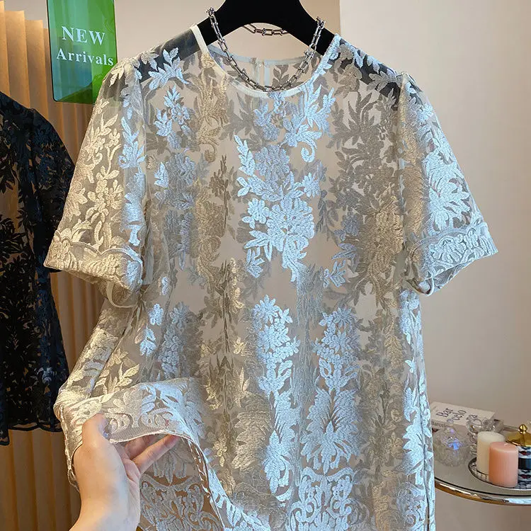 lace shirt women's short sleeved 2024 new loose and fashionable chiffon cover shirt small shirt top summer