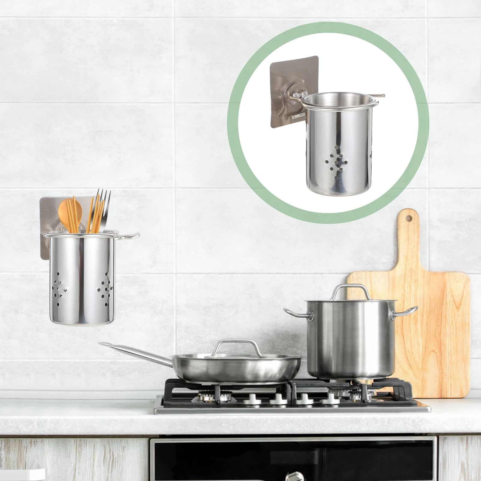 2Pcs Stainless Steel Chopstick Storage Holder Wall-Mounted Kitchen Rack with Drain Tray Adhesive Design No Nails Needed Spoon