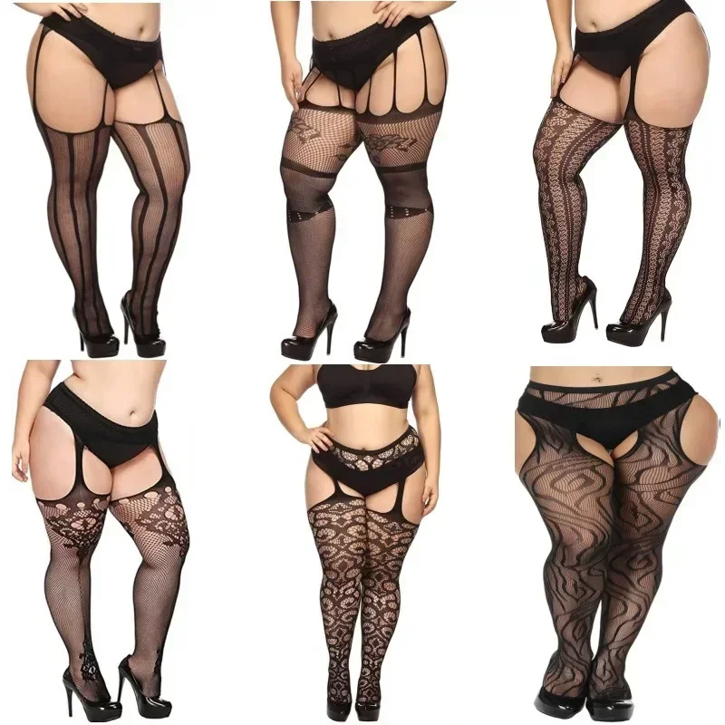 Lớn Cộng Lớn Kích Thước Mỡ Nữ Oversize Fishnet Đen Cổ Mở Crotchless Body Thun Quần Kỳ Lạ Gợi Cảm Quần Âu