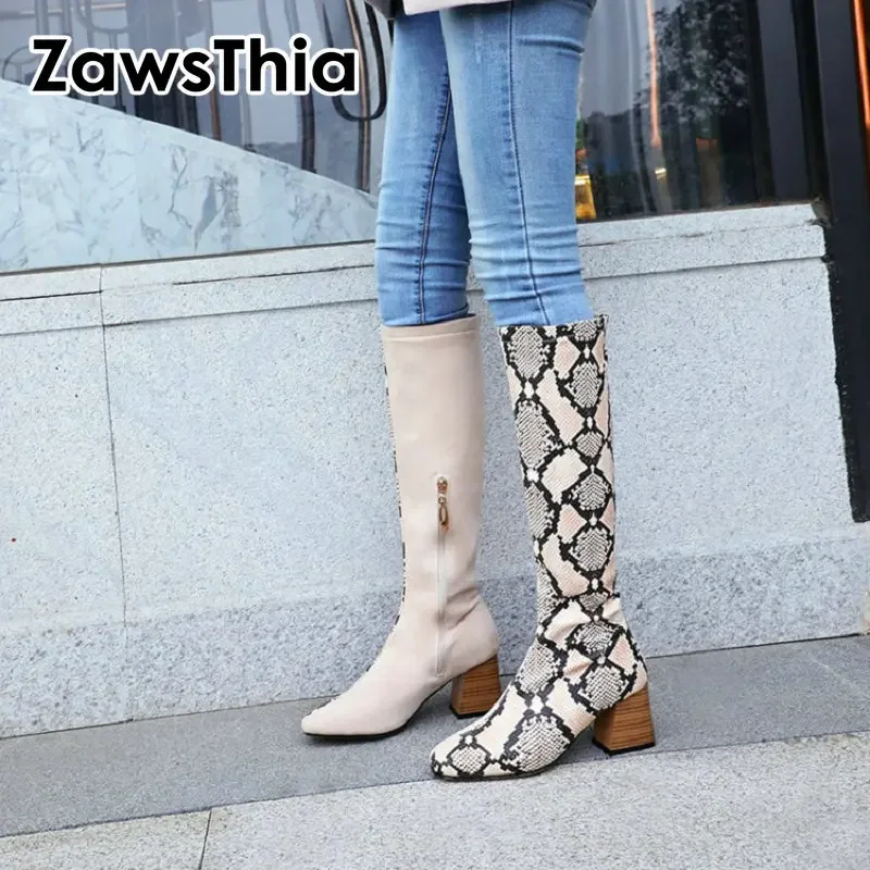 ZawsThia winter stylish half solid color half snake skin print woman boots chunky high heels sexy zipper kneehigh boot shoes