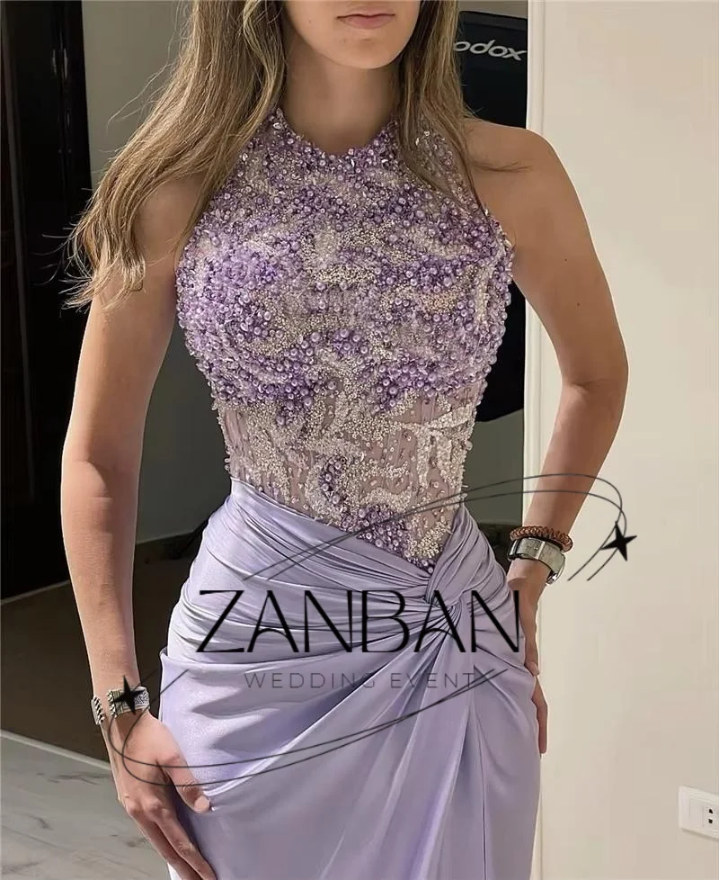 ZanBan New Sexy Lavender Prom Party Dresses Lace Beading Halter Sleeves Split Dubai Arabia Evening Gowns Formal Party Dresses