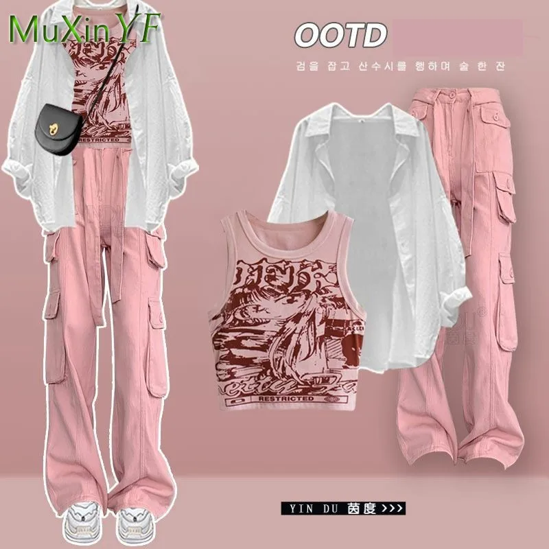 

Women's Summer New in Matching Set 2025 Chic Loose Sunscreen Shirt+Printed Strap+Pants Three Piece Korean Elegant Casual Suit