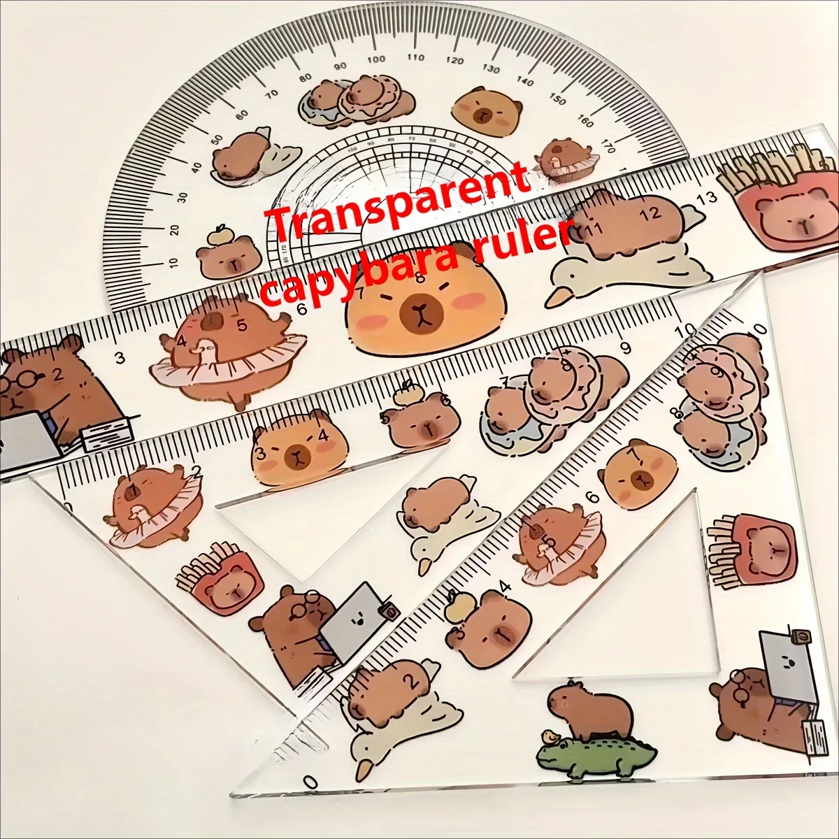 4pcs Plastic Transparent Capybara Ruler, A Set Of Ruler Test Drawing Four-piece Ruler, Plastic Transparent Ruler Triangle Board