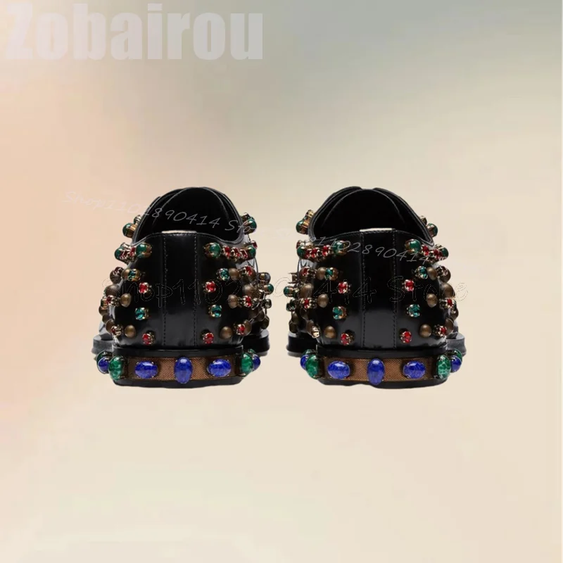 Colorful Beads Decor Black Pointed Toe Men Shoes Fashion Lace Up Male Shoes Luxury Handmade Party Feast Office Men Casual Shoes