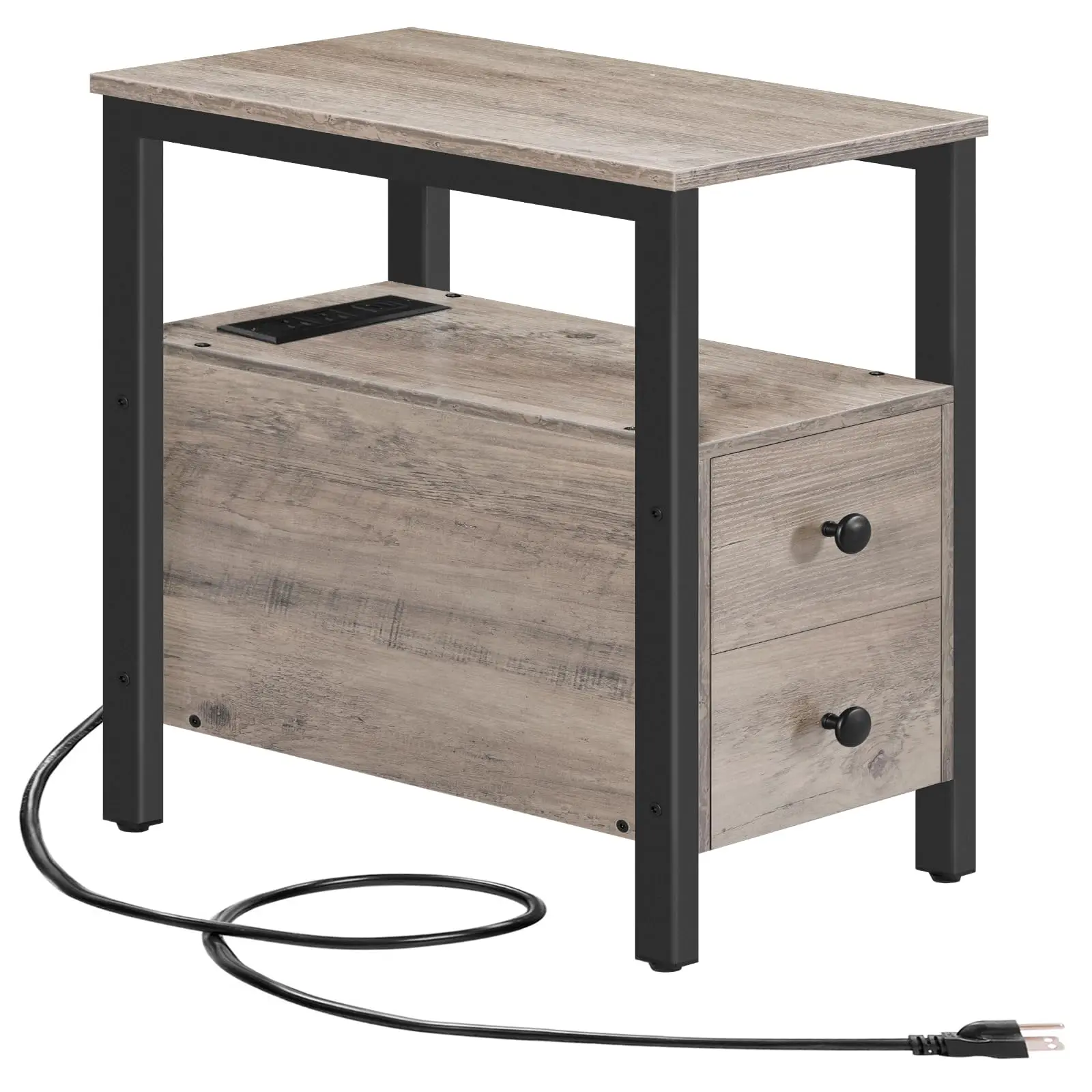

Rustic Wood Finish Narrow End Table With Two Drawers, Built-In Power Outlets And USB Charging Ports For Bedroom Or Living Room