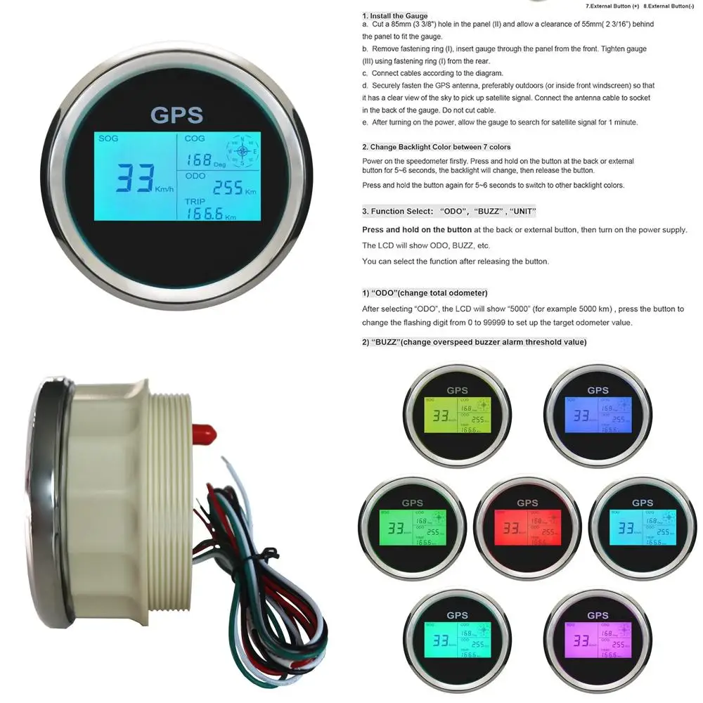 

3 3/8 "85 мм цифровой GPS спидометр ЖК-дисплей датчик скорости одометр курс пробега регулируемые 7 подсветки для лодки снегохода автомобиля мото