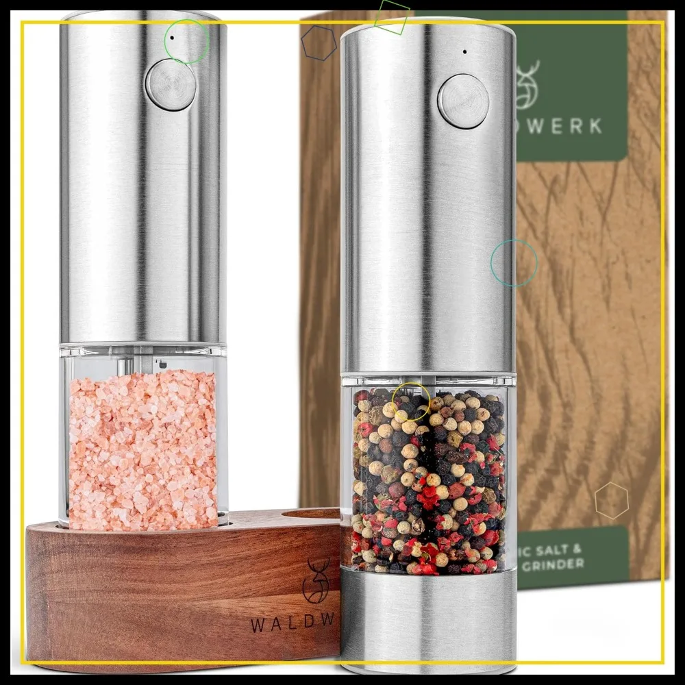 

Rechargeable Electric Salt and Pepper Grinder Set with Acacia Wood Stand - 300mAh Battery, USB-C Charging