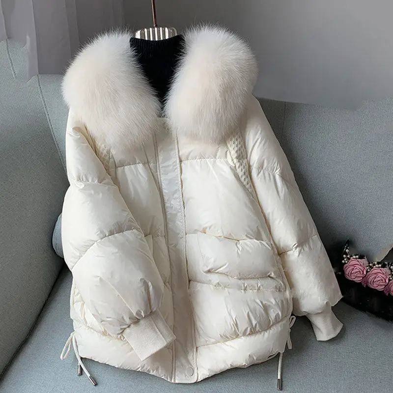 Winter New Down Coat Women\'s Fashion Mid Length Korean Fox Large Fur Collar Thickened White Duck Down Coat Winter Coats Women