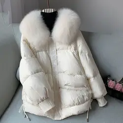 Winter New Down Coat Women's Fashion Mid Length Korean Fox Large Fur Collar Thickened White Duck Down Coat Winter Coats Women