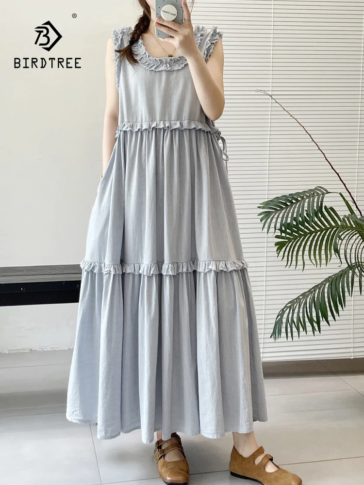 

New 2026 Summer Women Cotton Blend Sleeveless Dresses, O Neck Ruffles, Mori Girl Japan Preppy Style Loose A-line Dress D66328CC