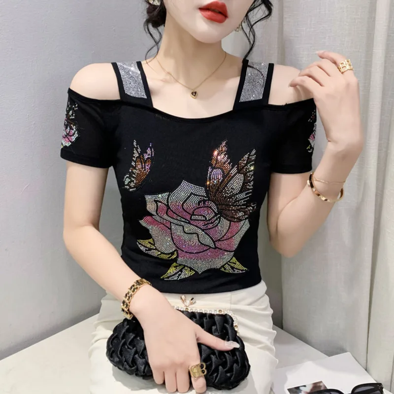 

Летняя женская футболка, уличная одежда, сексуальные топы с открытыми плечами, элегантный дизайн, топы с горячими бриллиантами, женские американские роскошные тонкие эластичные футболки