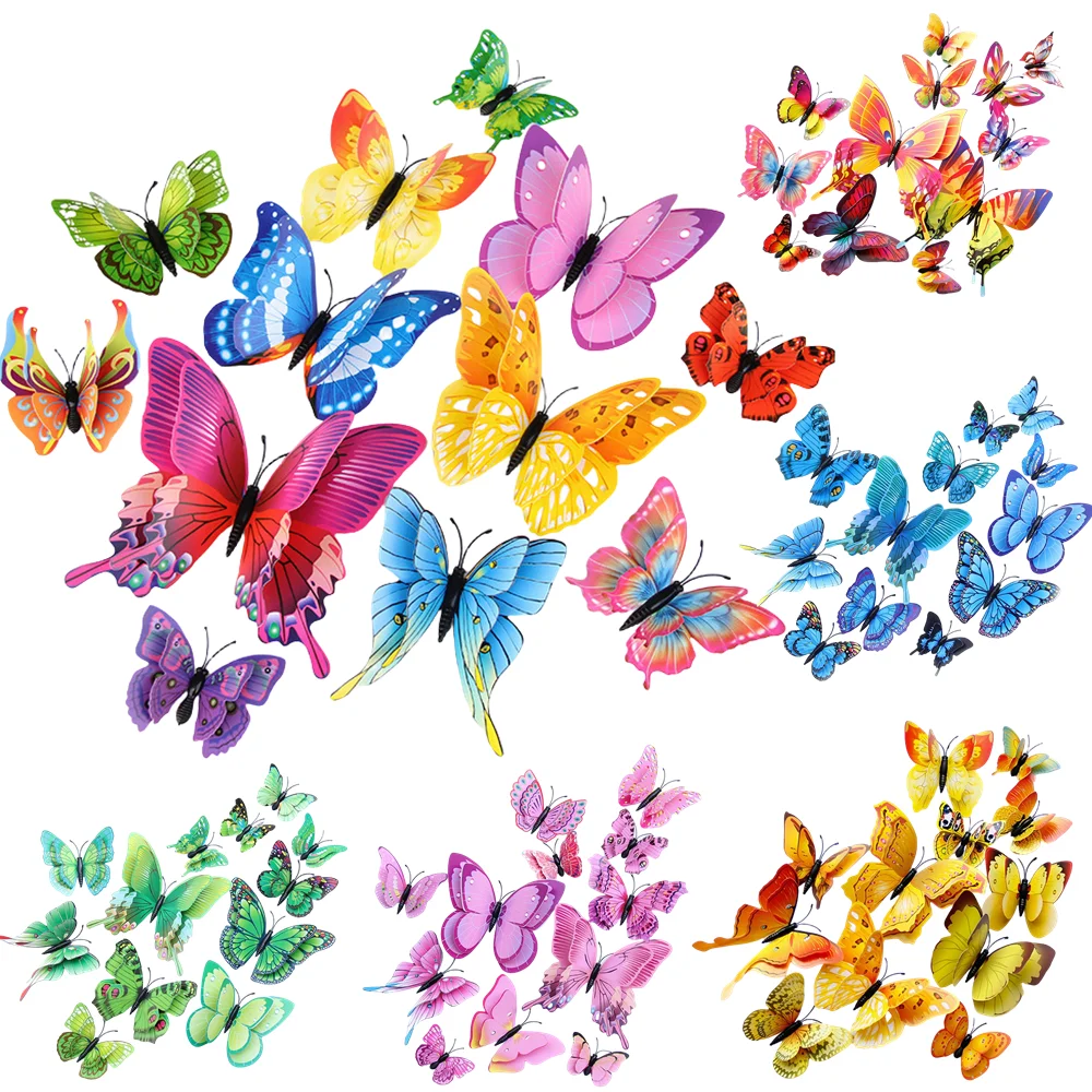 

12pcs 3D Double Simulate Butterfly Wall Stickers Creative Home Living Room Garden Pvc Colorful Butterfly Decoration Wall Sticker