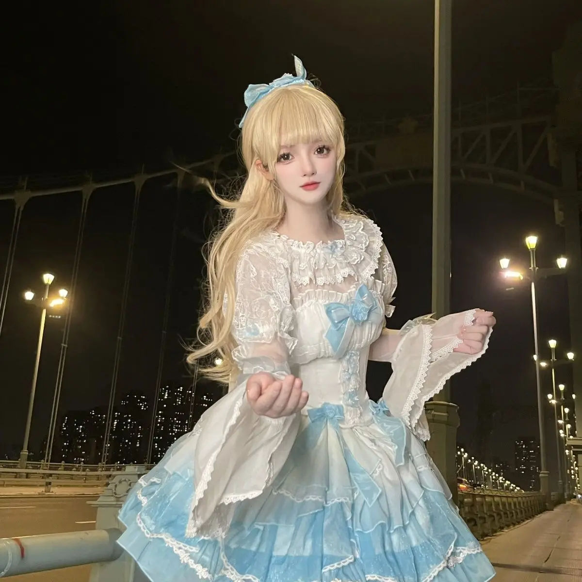 Coalfell Original Genuine Lolita Puff Skirt Lace Bow Blue and White Gradient Large Tail Western Dress Princess Dresses Female