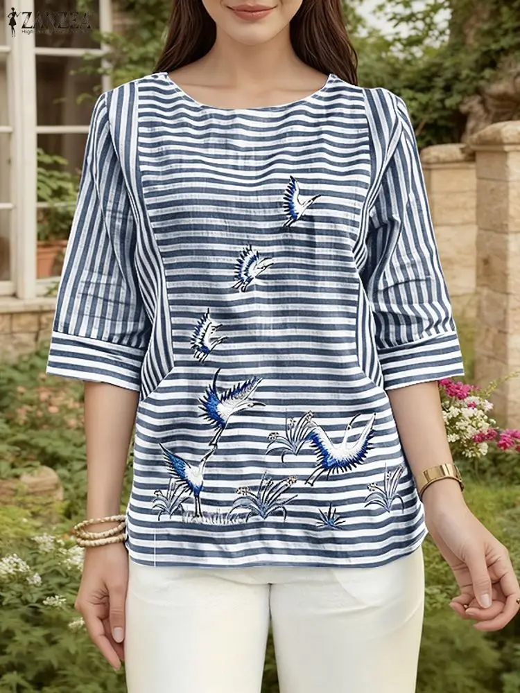ZANZEA Vintage Haftowane Bluzki Damskie Jesień 2025 Casualowe Bluzki z Krótkim Rękawem Dekolt Okrągły Luźne Bluzki w Paski Codzienna Odzież Damska na Wakacje