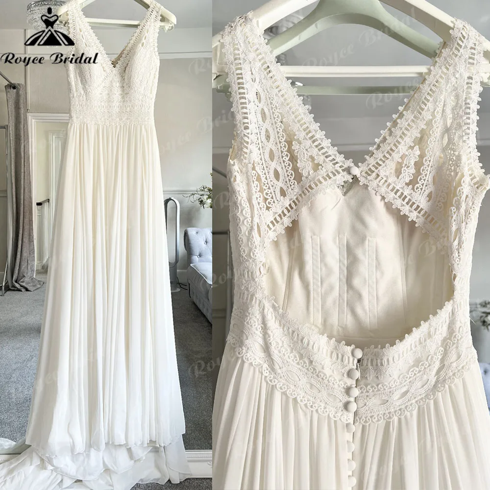 Vintage Lace Bodice Chiffon A Line Open Back Women Wedding Dress with V Neck 2025 Boho Bridal Gown robe de mariee Customized