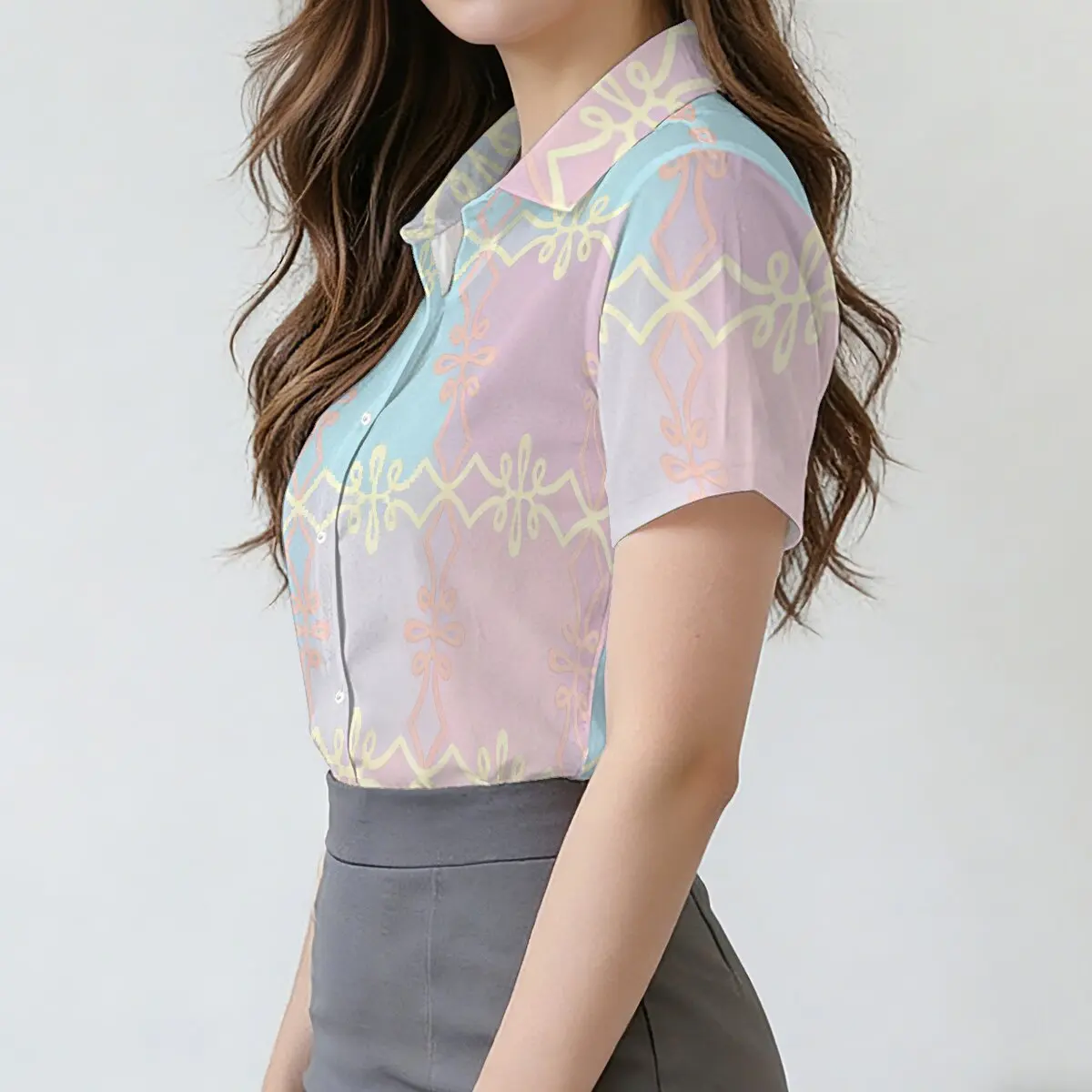 Minimally personalized mixed dye line printed women's short sleeved lapel shirt, summer fashion daily versatile casual top