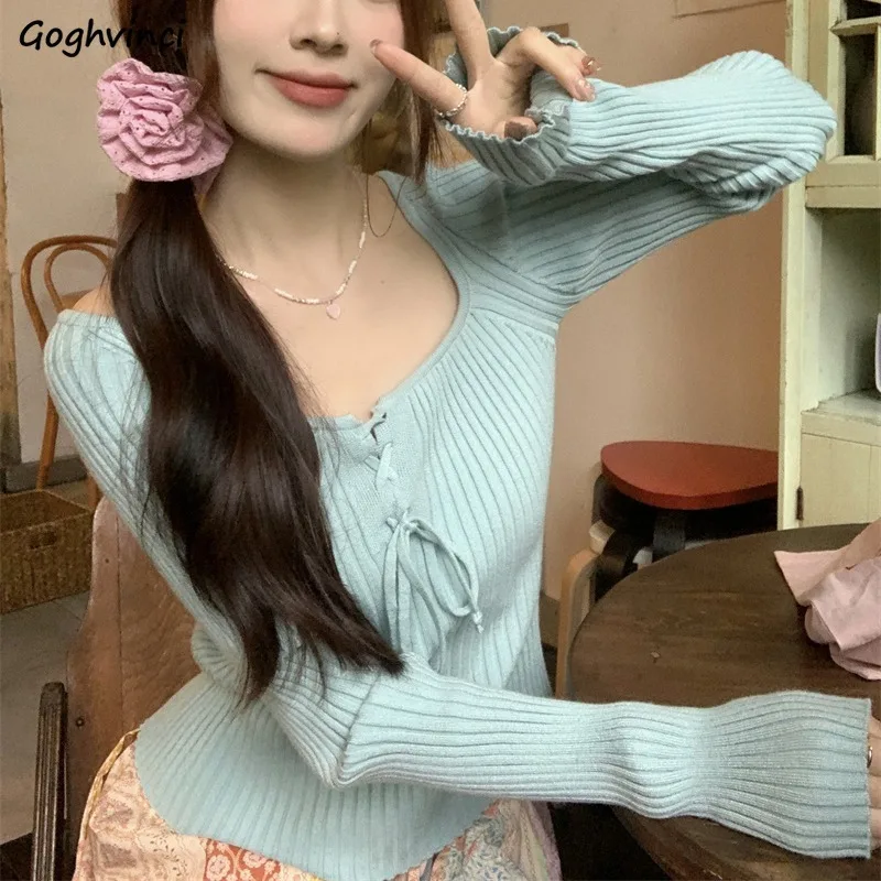 

Пуловеры с квадратным воротником, женские милые нежные повязки, шикарный вязаный универсальный осенний вязаный свитер с длинными рукавами, корейская мода