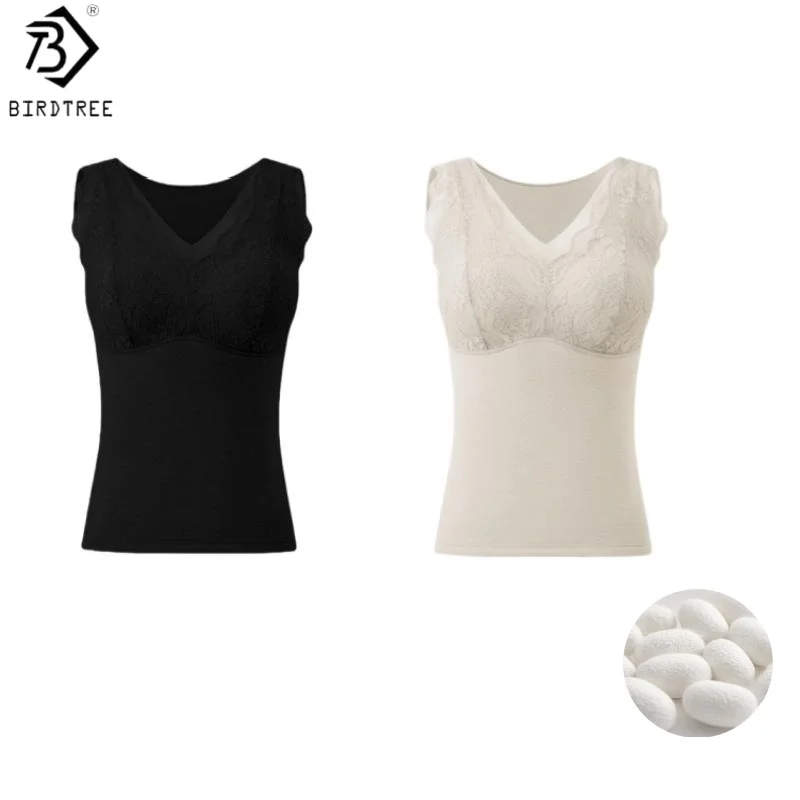 

Birdtree, женская майка из смешанного шелка с подкладкой, жилет со встроенным бюстгальтером, однотонная приталенная рубашка, топы на бретелях Feminino Basics T5O021JF