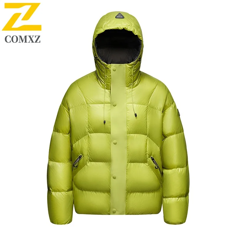 

COMXZ 2025 Lightweight Men's Down Jacket 90% White Duck Down Filled Solid Color Outdoor Waterproof Hooded Short Parka Coat