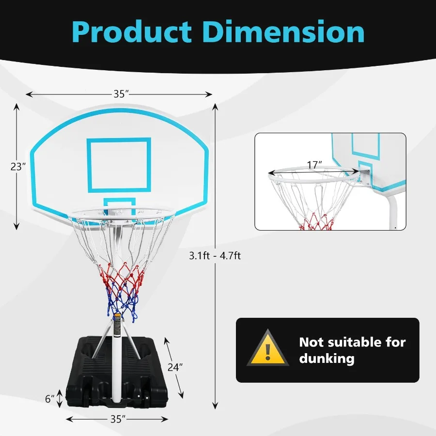 Poolside Basketball Hoop Portable Swimming Pool Basketball System Height Adjustable 3.1ft4.7ft with 36 Backboard for Indoor Out