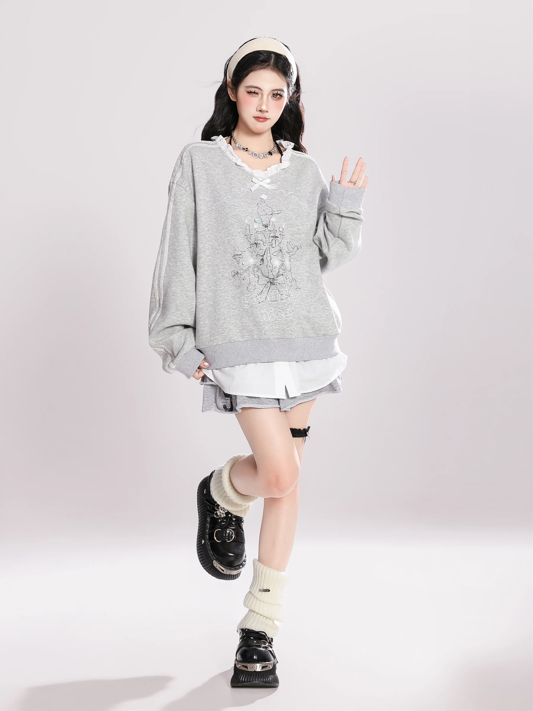 Korean Style Sweet Ruffles Lace Splicing Bow Diamond Print Long Sleeve Loose Lazy Casual Sweatshirts Pullovers Top Women Spring