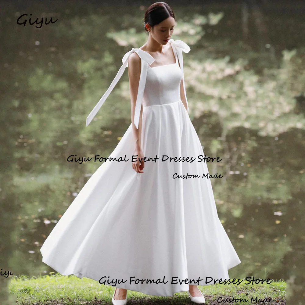 

Giyu Simple Bow Korea Wedding Dress Photo Shoot Square Collar Ankle-Length Vestidos De Novias 2024 Draped Evening Gown Dress